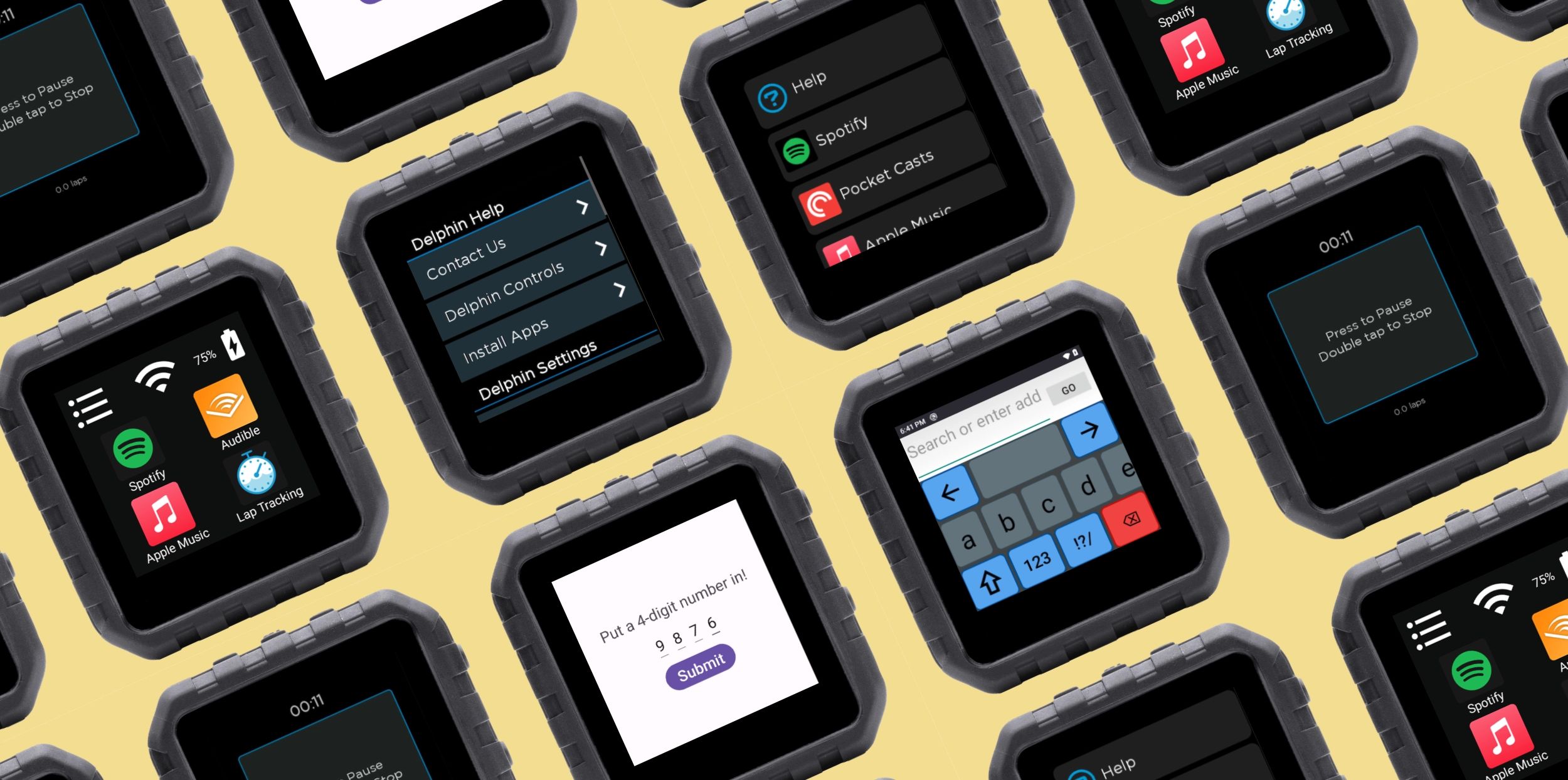 Collage of Delphin units with screenshots of different apps.
