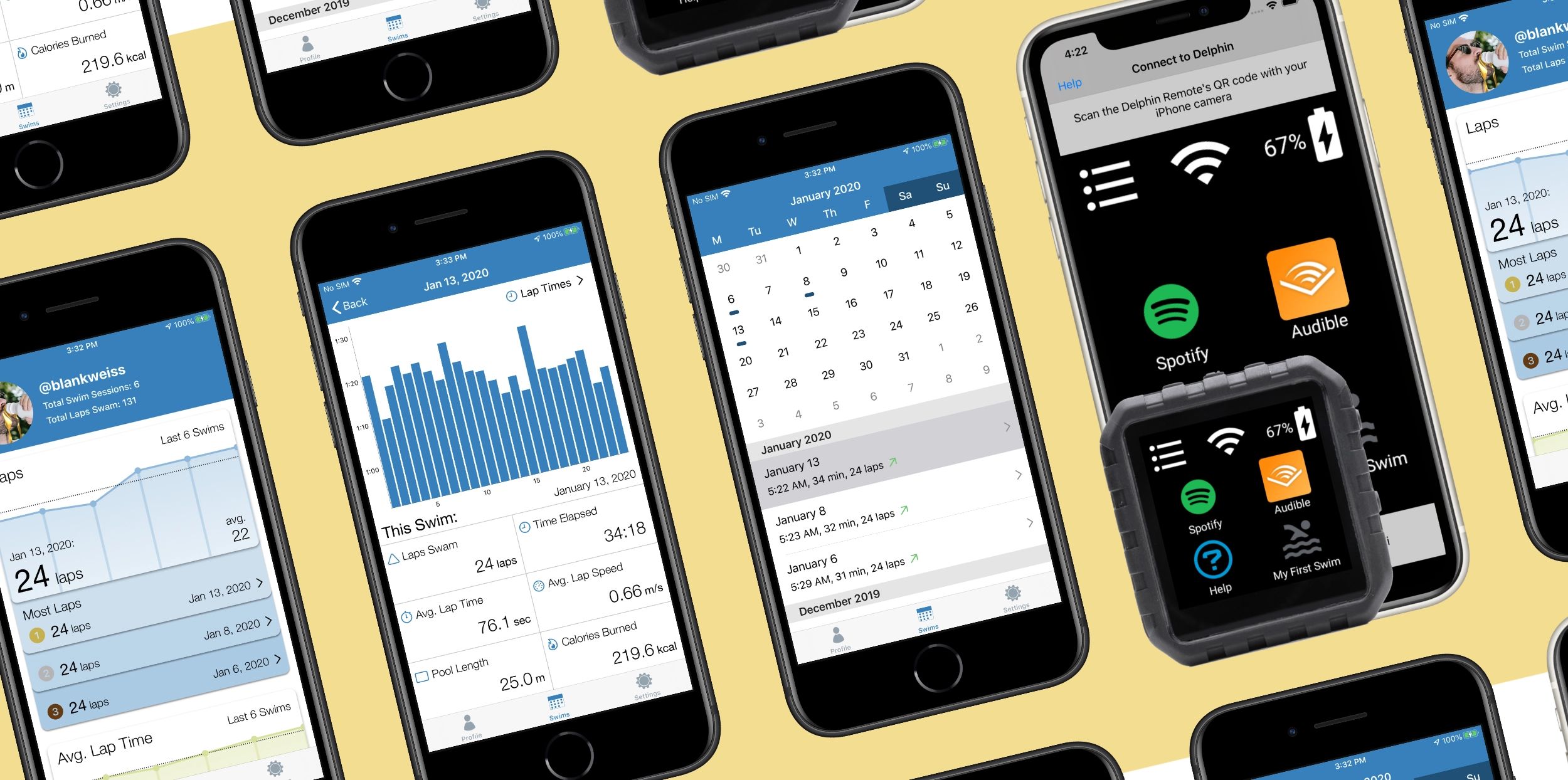 Collage of iPhones with screenshots of the Delphin companion apps.
